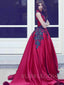 A-line Burgundy Satin Appliques Ball Gown Long Evening Prom Dresses, Cheap Custom Prom Dresses, MR7772