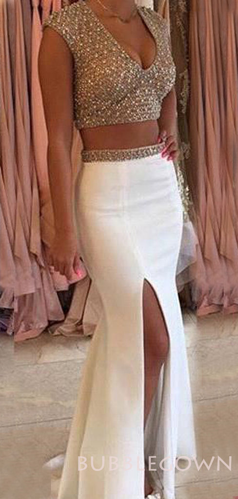 Two Pieces White Satin Mermaid Beaded Long Evening Prom Dresses, Cheap Custom Prom Dresses, MR7774