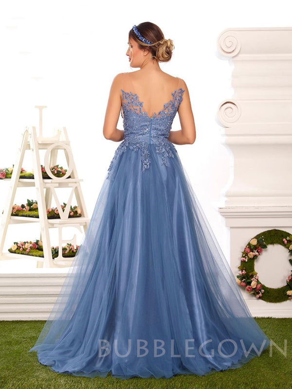 A-line Dusty Blue Tulle Lace Long Appliques Evening Prom Dresses, Cheap Custom Prom Dresses, MR7775