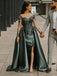 A-line Dark Green Satin Appliques Long Evening Prom Dresses, Cheap Custom Prom Dress, MR7778