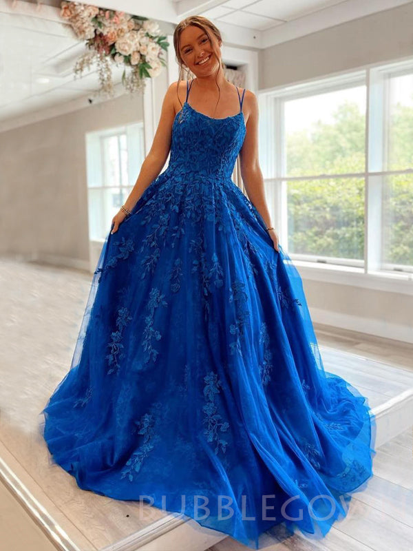 Blue Tulle A-line Spaghetti Straps Appliques Lace Long Evening Prom Dr – BubbleGowns