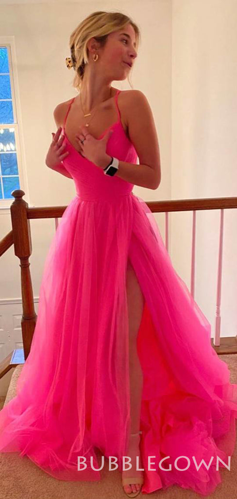 Hot Pink Tulle A-line V-neck Pleat Spaghetti Straps Long Evening Prom Dresses, Cheap Custom Prom Dress, MR7802