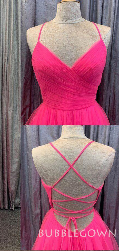 Hot Pink Tulle A-line V-neck Pleat Spaghetti Straps Long Evening Prom Dresses, Cheap Custom Prom Dress, MR7802