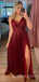 A-line Burgundy Sequin Spaghetti Straps Long Evening Prom Dresses, Cheap Custom Prom Dresses, MR7803