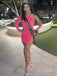 One Shoulder Long Sleeves Hot Pink Sequin Short Evening Prom Dresses, Homecoming Dresses, MR7807