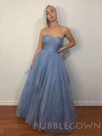 A-line Dusty Blue Tulle Sparkly Long Strapless Evening Prom Dresses, Cheap Custom Prom Dress, MR7812