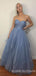 A-line Dusty Blue Tulle Sparkly Long Strapless Evening Prom Dresses, Cheap Custom Prom Dress, MR7812