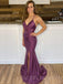 Mermaid Purple Satin Spaghetti Straps Long Backless Evening Prom Dresses, MR7813