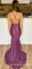 Mermaid Purple Satin Spaghetti Straps Long Backless Evening Prom Dresses, MR7813