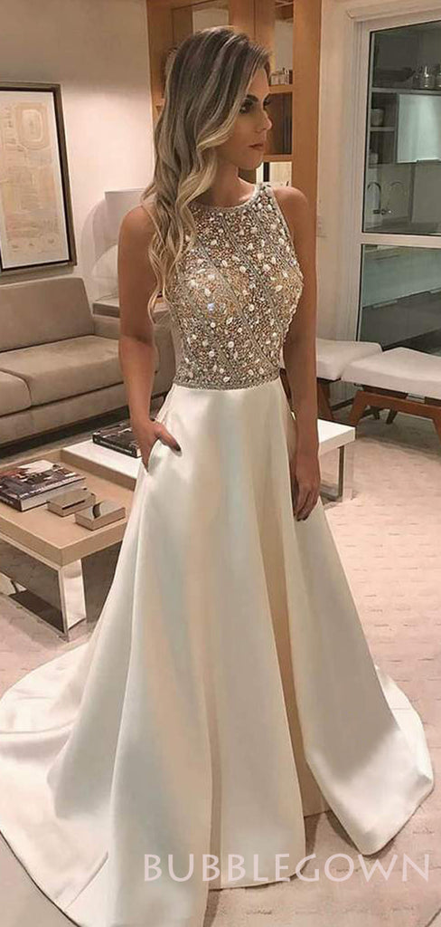 A-line White Satin illusion Beaded Long Evening Prom Dresses, Cheap Custom prom dresses, MR7814