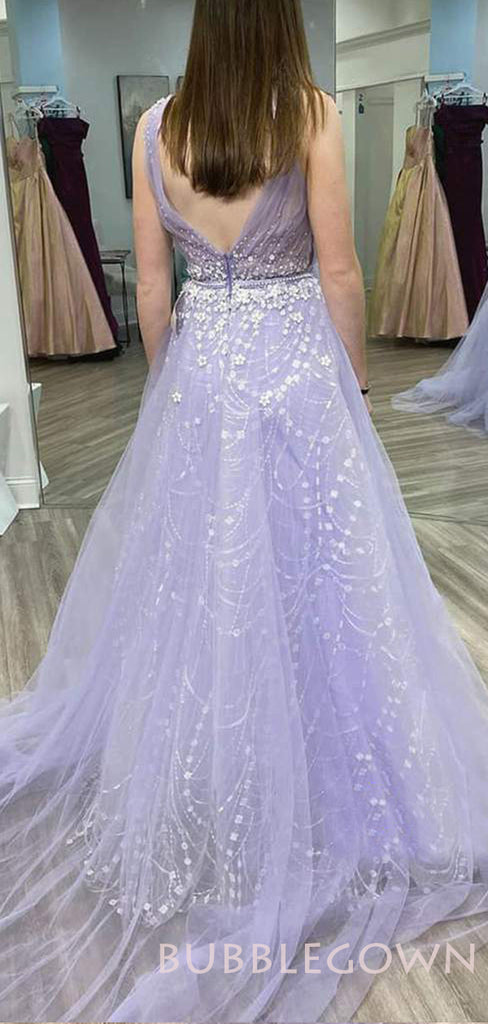 Lilac Tulle Deep V-neck Beaded Long Evening Prom Dresses, Cheap Custom Prom Dress, MR7817