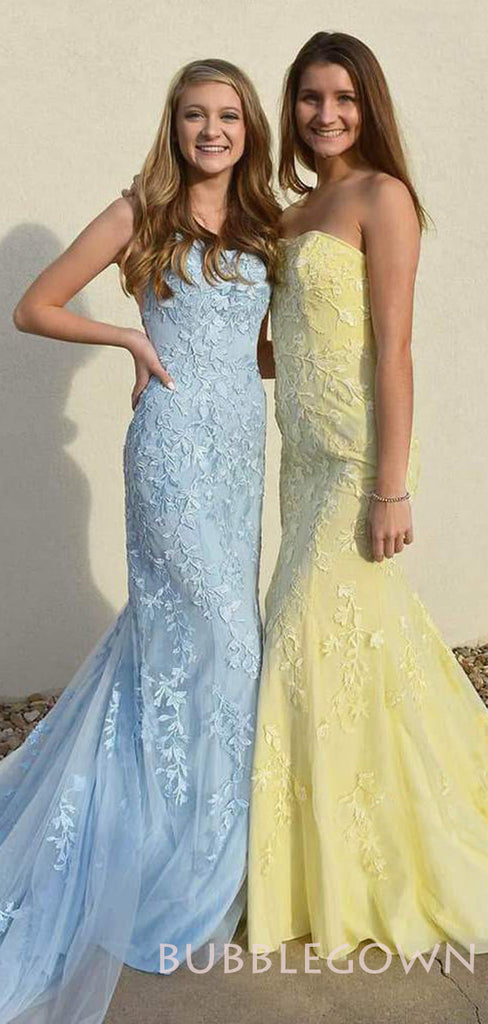 Tulle Mermaid Lace Strapless Long Evening Prom Dresses, MR7819
