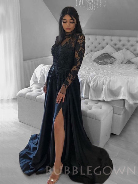 Long Sleeve Formal Black Dress Navy Blue Satin Long Sleeves A-line  Appliques Long Evening Prom