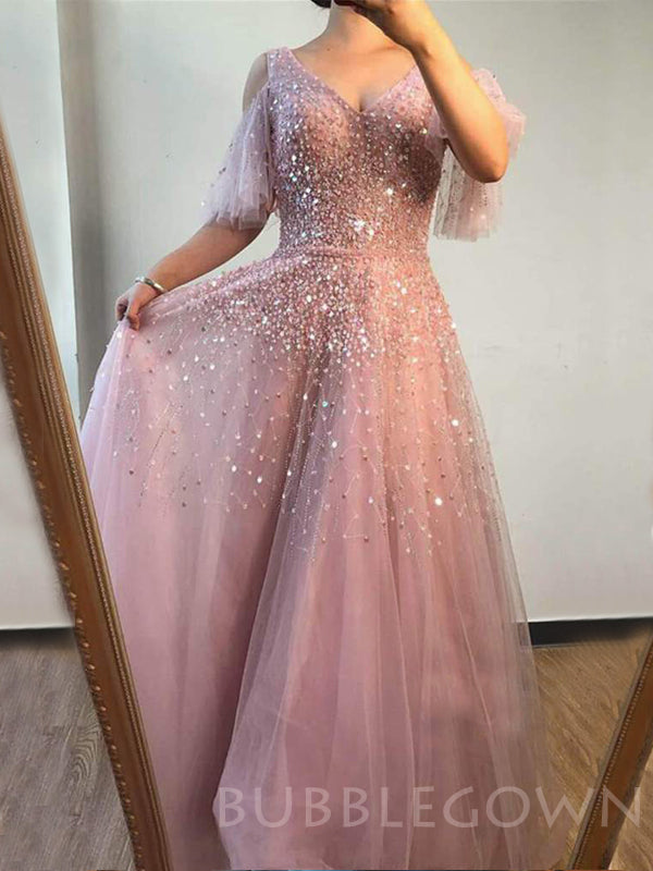A-line Pink Tulle Beaded Long Evening Prom Dresses, Cheap Custom Prom Dress, MR7832