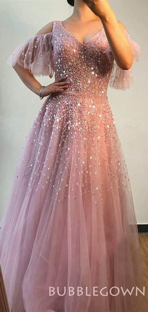 A-line Pink Tulle Beaded Long Evening Prom Dresses, Cheap Custom Prom Dress, MR7832