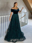 A-line Off Shoulder Dark Green Lace Long Evening Prom Dresses, Cheap Custom Prom Dress, MR7846