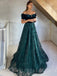 A-line Off Shoulder Dark Green Lace Long Evening Prom Dresses, Cheap Custom Prom Dress, MR7846