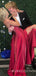 A-line Burgundy Satin V Neck Beaded side slit Long Evening Prom Dresses, Cheap Custom prom dresses, MR7850