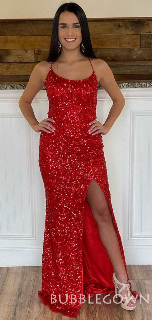 Red Sequin Spaghetti Straps Long Mermaid Evening Prom Dresses, Cheap Custom Prom Dresses, MR7856