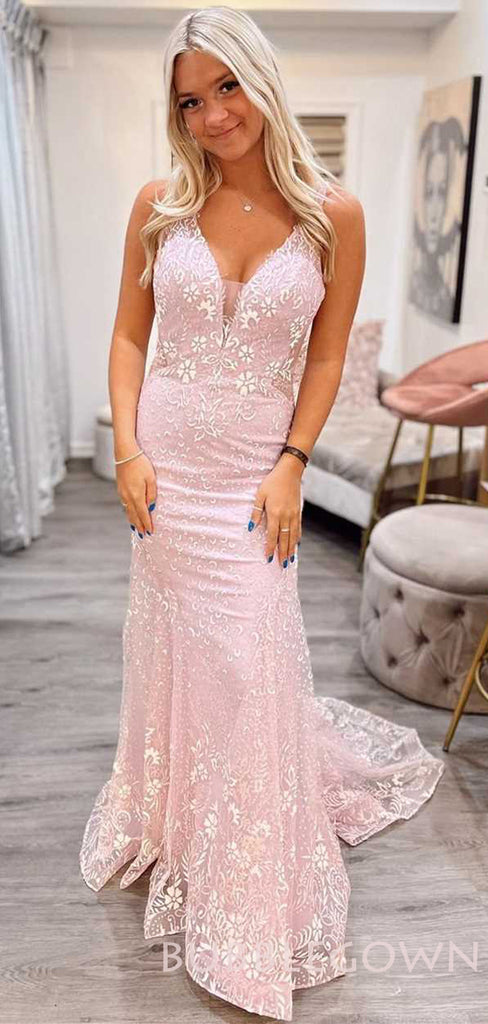 Sexy V-neck Mermaid Pink Lace Long Backless Evening Prom Dresses, MR7863