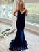 Navy Blue Mermaid Spaghetti Straps Beaded Long Evening Prom Dresses, Cheap Custom Prom Dresses, MR7865
