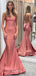 Coral Satin Mermaid Long Backless Evening Prom Dresses, Cheap Custom Prom Dress, MR7866