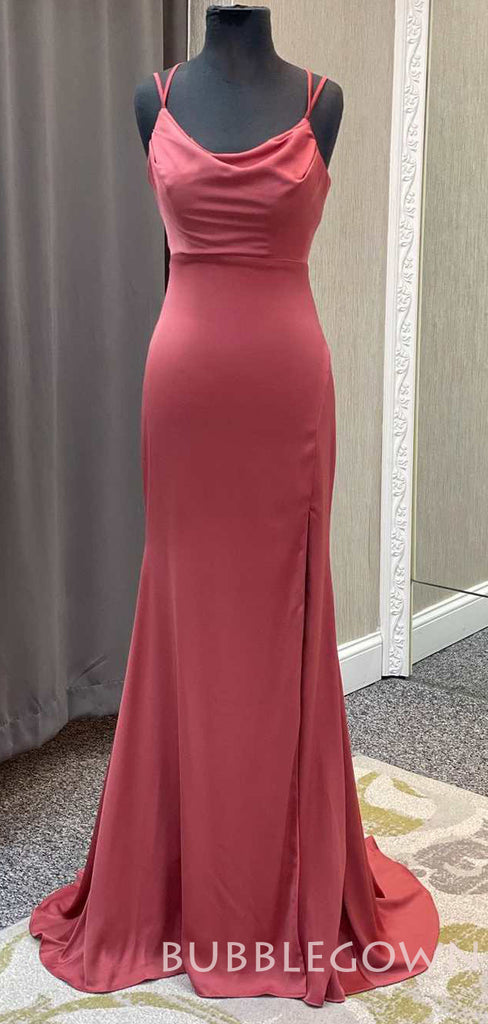 Mermaid Coral Spaghetti Straps Long Backless Evening Prom Dresses, Cheap Custom Prom Dress, MR7867