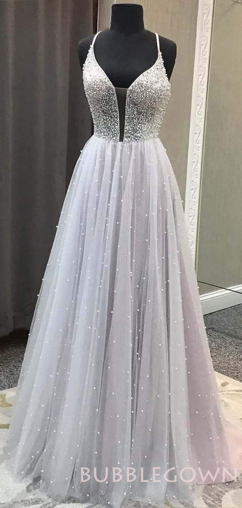 A-line Grey Tulle Beaded Long Evening Prom Dresses, Cheap Custom Prom Dress, MR7870