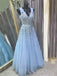 Blue Tulle A-line Appliques Long Evening Prom Dresses, Cheap Custom Prom Dresses, MR7875