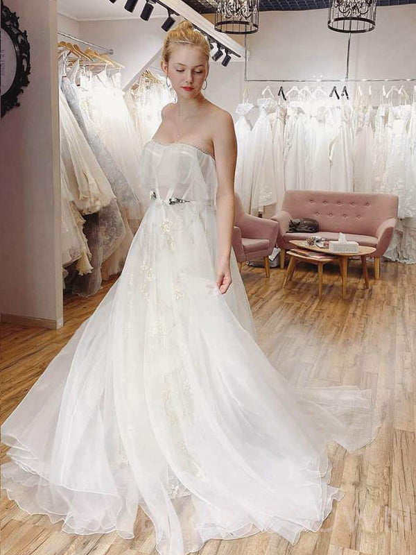 A-line Strapless White Tulle Long Evening Prom Dresses, Wedding Dresses, MR7879
