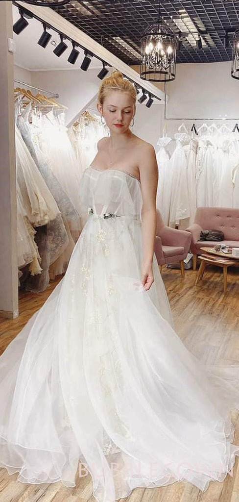 A-line Strapless White Tulle Long Evening Prom Dresses, Wedding Dresses, MR7879