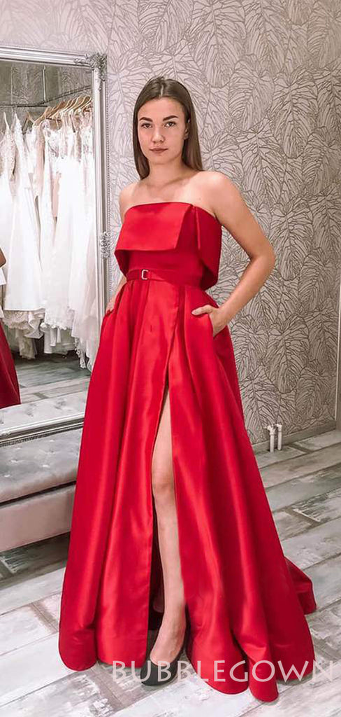 Red Satin Strapless A-line Long Evening Prom Dresses, Cheap Custom Prom Dresses, MR7880