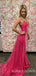 Mermaid Hot Pink Satin V-neck Long Evening Prom Dresses, Cheap Custom Prom Dresses, MR7882