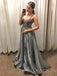 A-line Silver Grey Spaghetti Straps Long Evening Prom Dresses, Cheap Custom Prom Dresses, MR7886