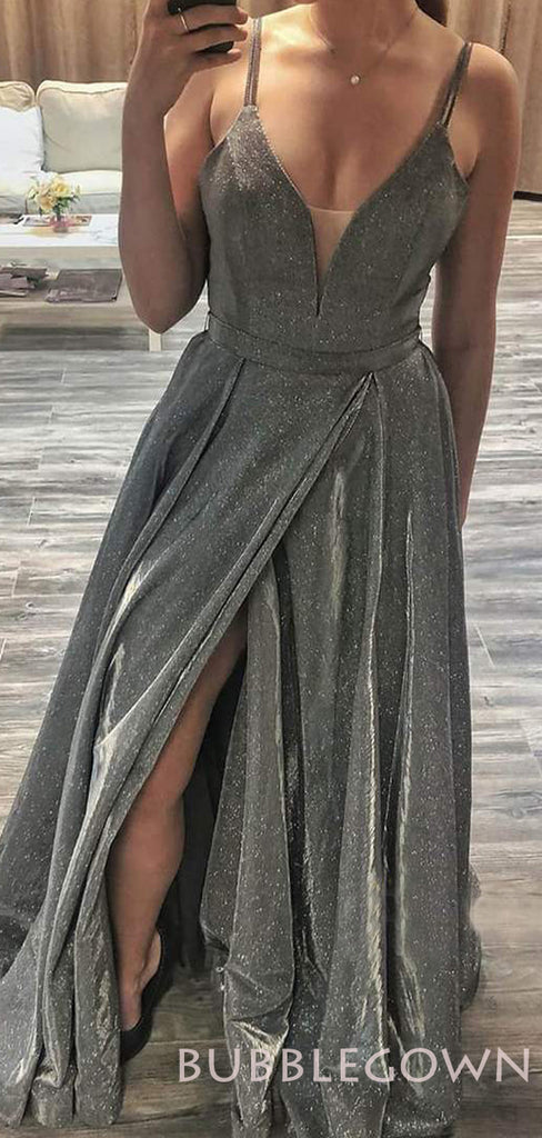 A-line Silver Grey Spaghetti Straps Long Evening Prom Dresses, Cheap Custom Prom Dresses, MR7886