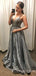 A-line Silver Grey Spaghetti Straps Long Evening Prom Dresses, Cheap Custom Prom Dresses, MR7886