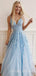 Sky Blue Tulle Appliques Lace A-line Long Evening Prom Dresses, Cheap Custom Prom Dresses, MR7888