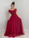 Off Shoulder Burgundy Tulle A-line Beaded Long Evening Prom Dresses, MR7919
