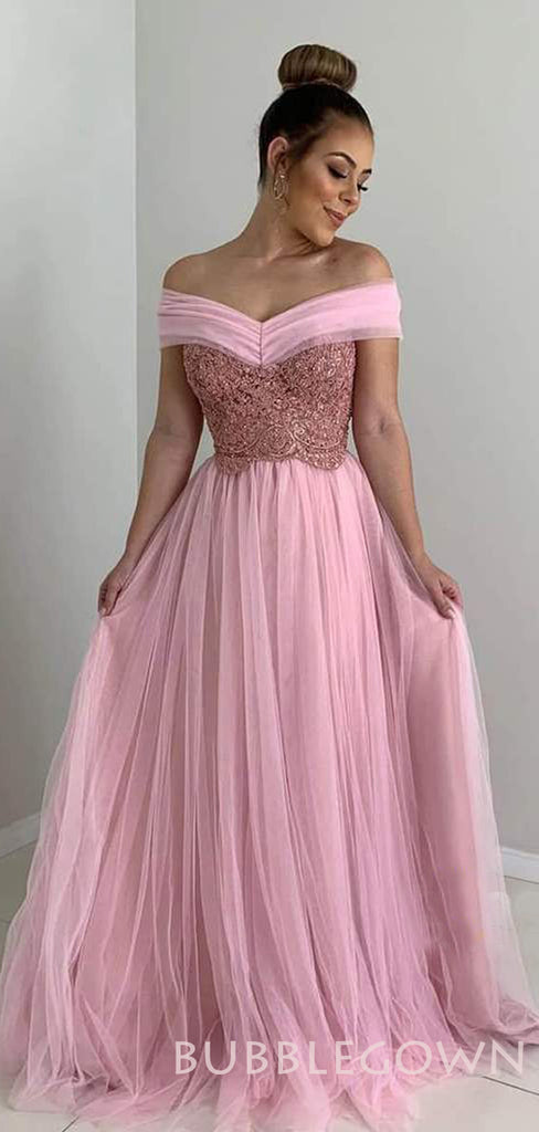 Off Shoulder Burgundy Tulle A-line Beaded Long Evening Prom Dresses, MR7919