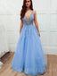A-line Sky Blue Tulle Appliques Lace Long Beaded Evening Prom Dresses, Cheap Custom Prom Dresses, MR7920