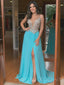 A-line Spa Chiffon Beaded Long Evening Prom Dresses, Cheap Custom Prom Dresses, MR7928