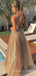 Deep V-neck Gold Sequin A-line Long Sparkly Evening Prom Dresses, Cheap Custom Prom Dresses, MR7931