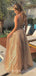 Deep V-neck Gold Sequin A-line Long Sparkly Evening Prom Dresses, Cheap Custom Prom Dresses, MR7931