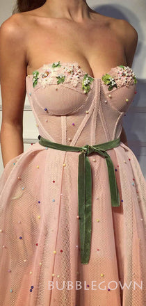 Pink Tulle A-line Appliques Long Straps Evening Prom Dresses, Cheap Custom Prom Dresses, MR7933