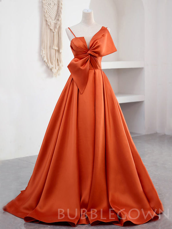 Papaya Satin A-line Long Evening Prom Dresses, Cheap Custom Spaghetti Straps Prom Dresses, MR7936