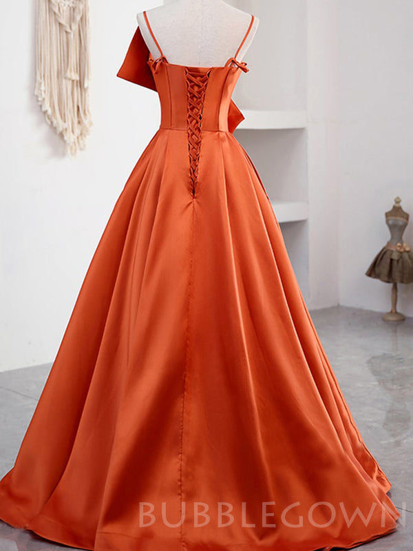 Papaya Satin A-line Long Evening Prom Dresses, Cheap Custom Spaghetti Straps Prom Dresses, MR7936