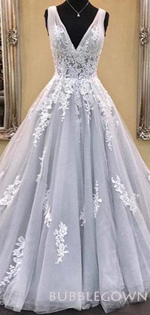 A-line Grey Tulle Appliques Lace Long Evening Prom Dresses, Cheap Custom Prom Dresses, MR7959