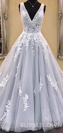 A-line Grey Tulle Appliques Lace Long Evening Prom Dresses, Cheap Custom Prom Dresses, MR7959