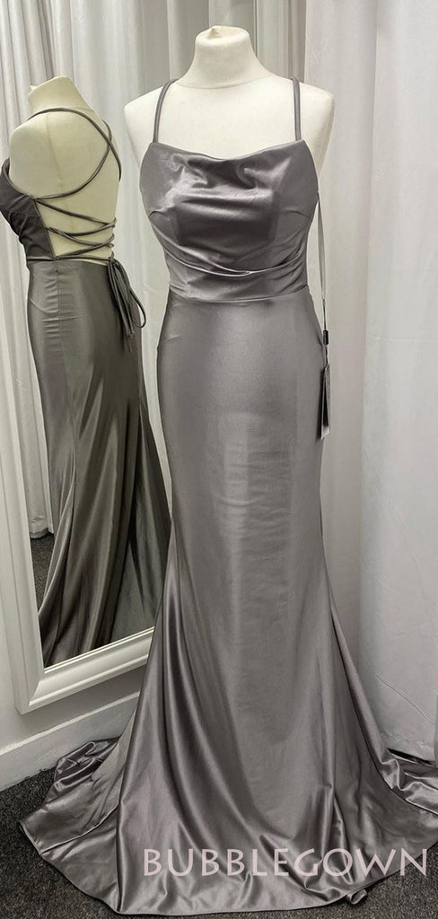 Mermaid Grey Satin Spaghetti Straps Long Backless Evening Prom Dresses, Cheap Custom Prom Dress, MR7980