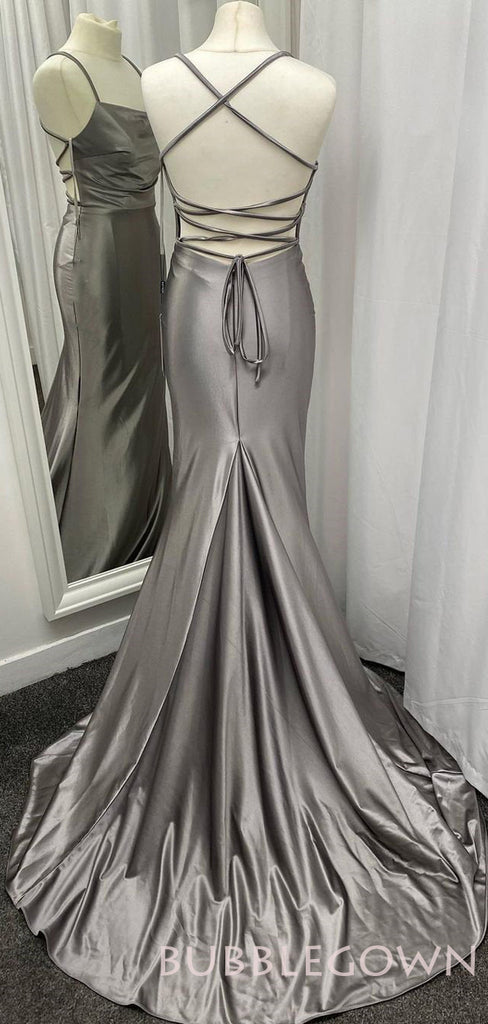 Mermaid Grey Satin Spaghetti Straps Long Backless Evening Prom Dresses, Cheap Custom Prom Dress, MR7980